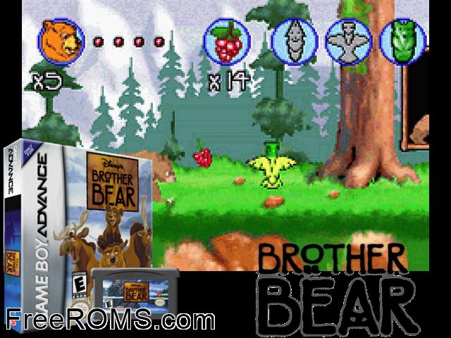 Brother Bear Gameboy Advance game showing 3D box cover and gameplay screenshot